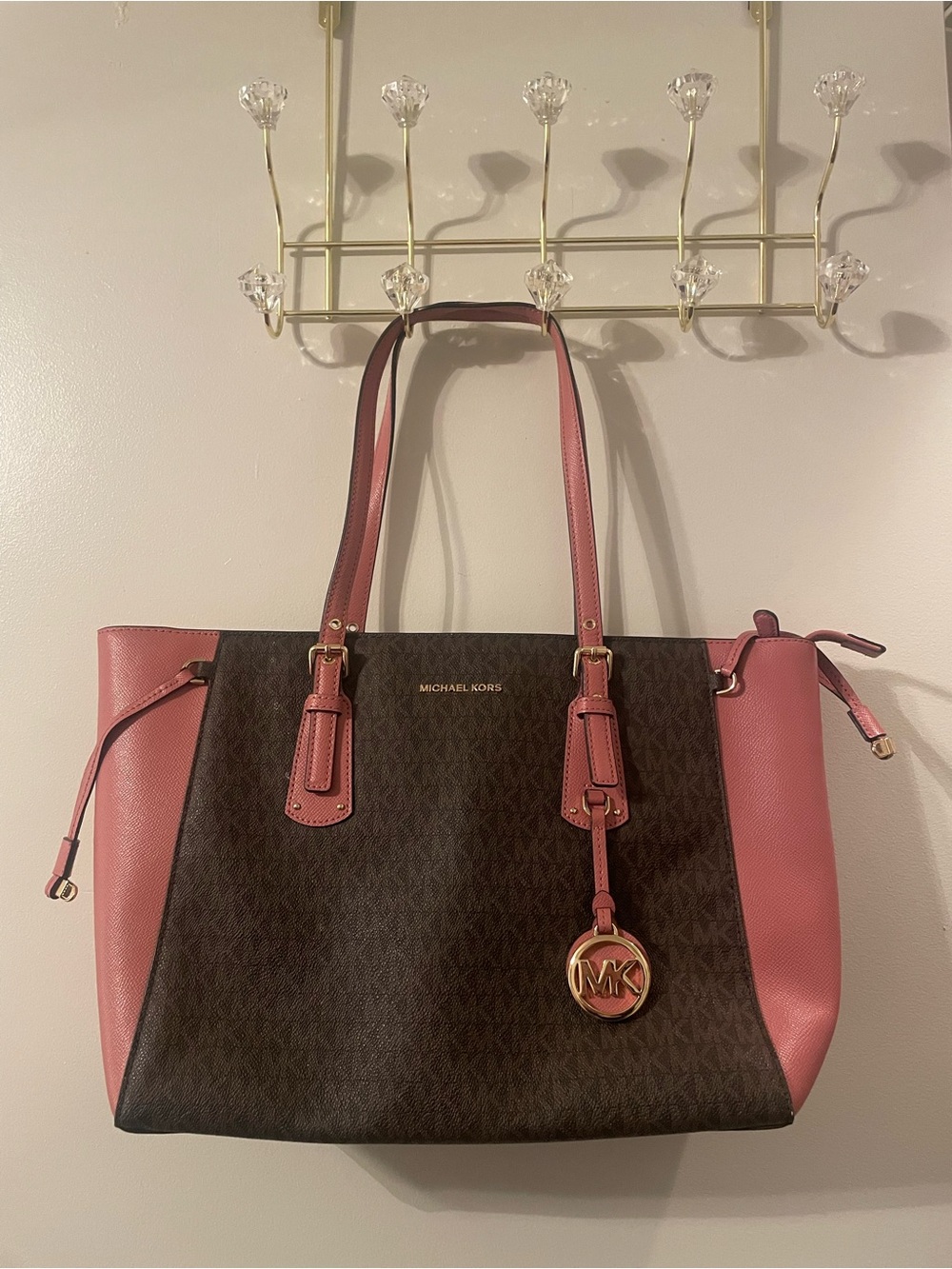 Michael Kors Brown Signature Tote with Pink Trim